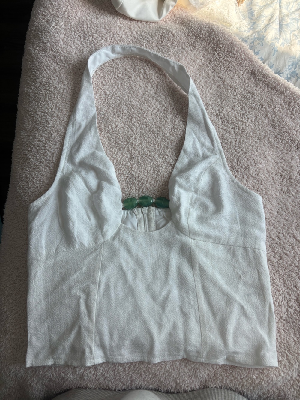 Missguided + White Halter Camisole with Green Bead Detail